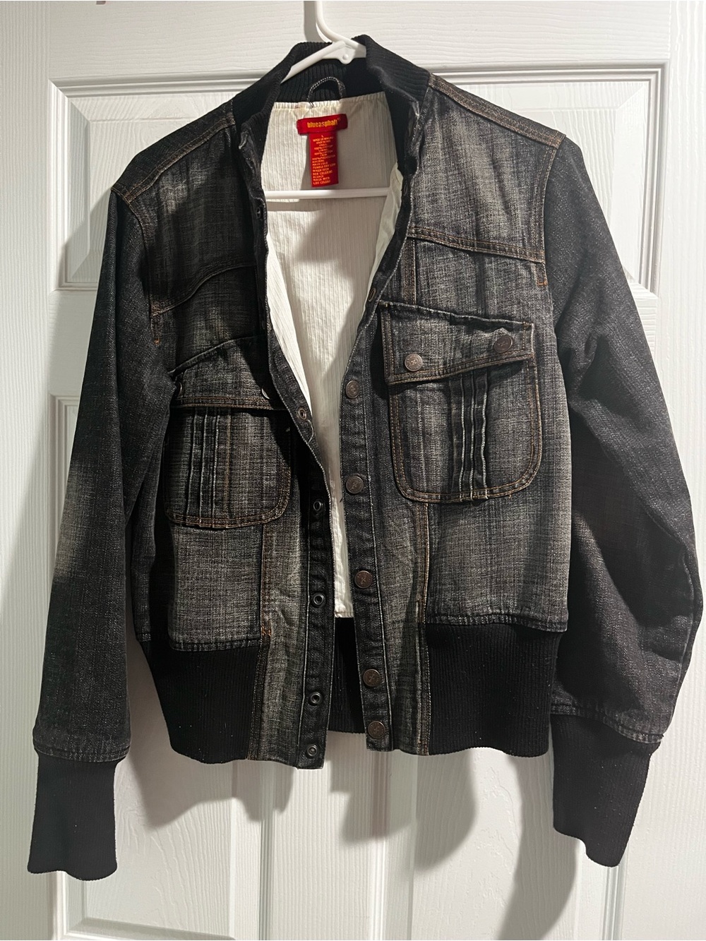 Blue Asphalt Women’s Black Washed Denim Bomber Jacket with Rib Knit Trim